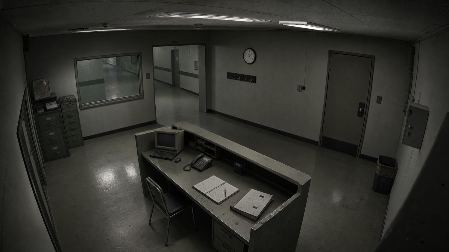 Reception desk, empty, seen from a ceiling security camera
