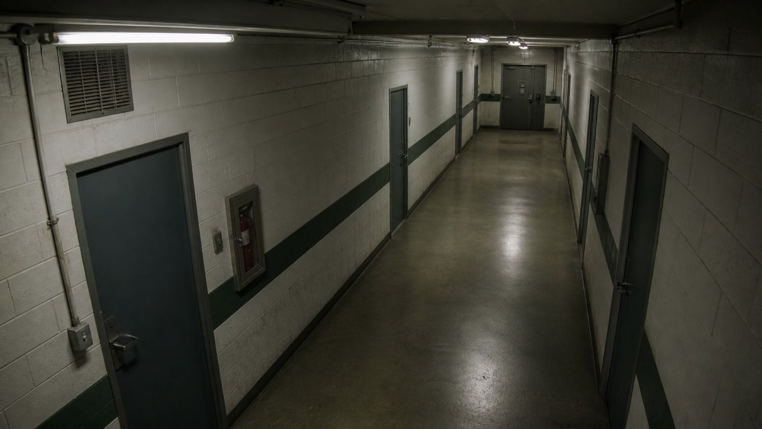 A long institutional corridor viewed through a wide-angle security lens