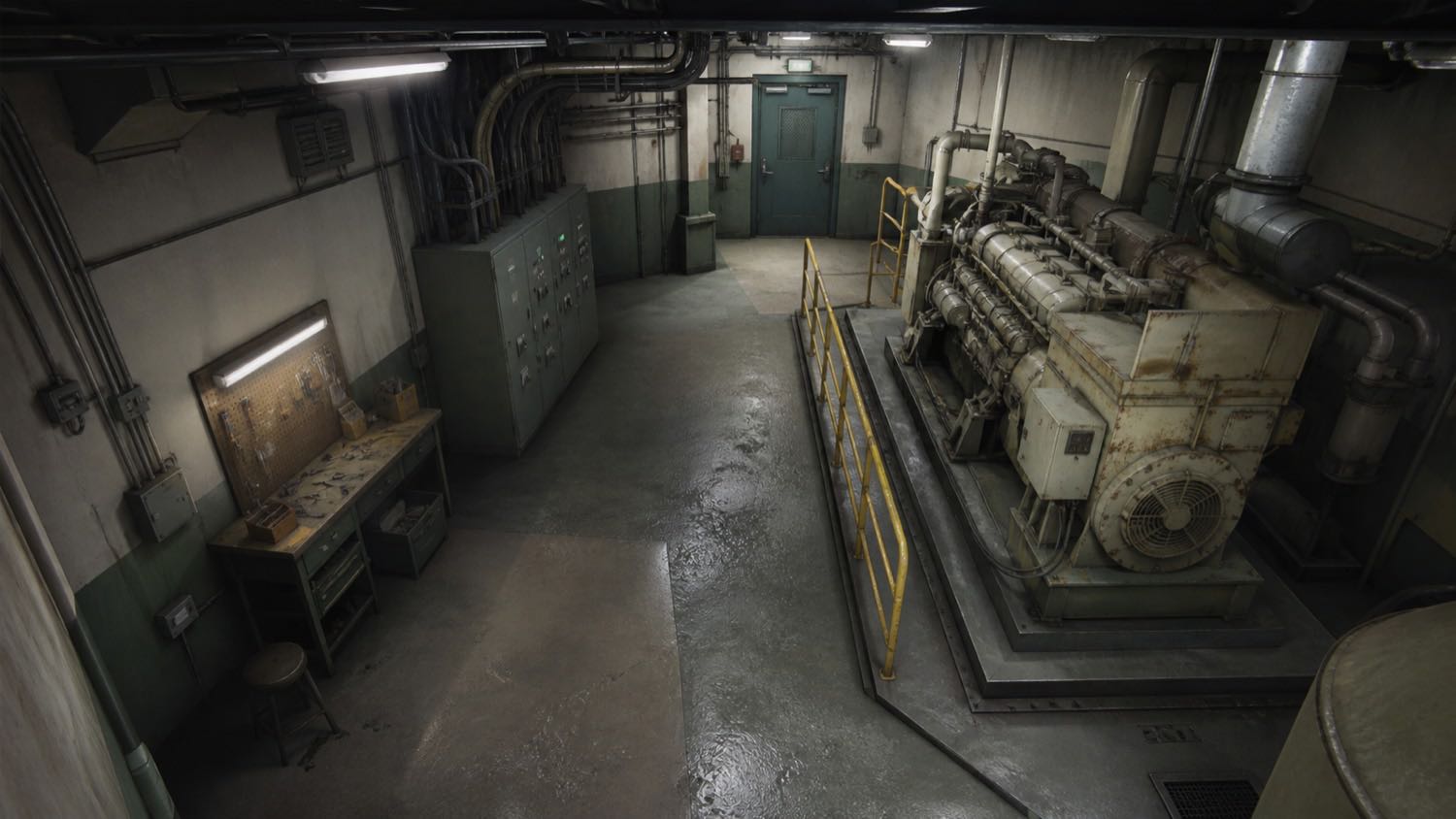 A basement generator room full of pipework and machinery