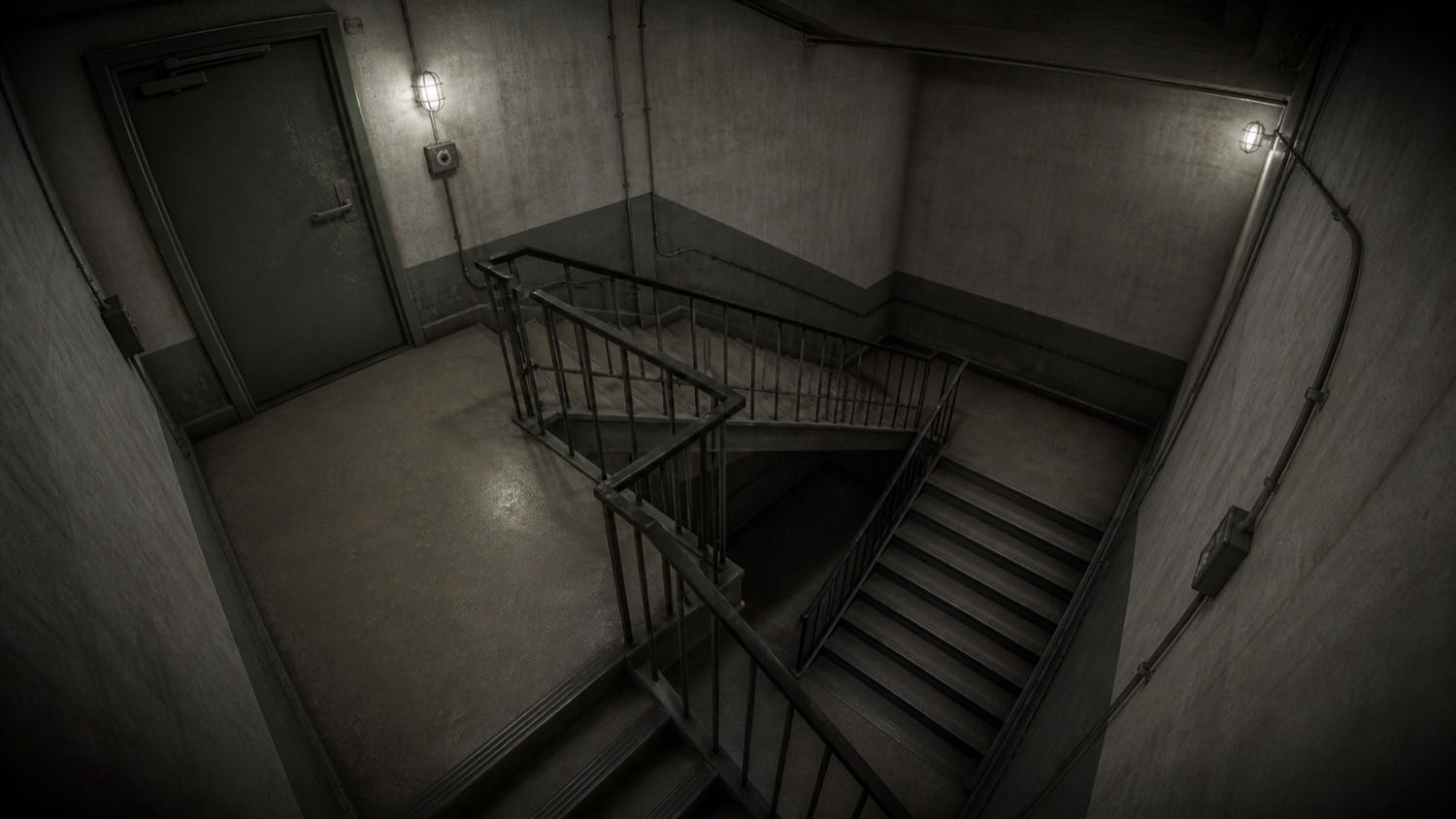 A dim lower stairwell descending into the dark