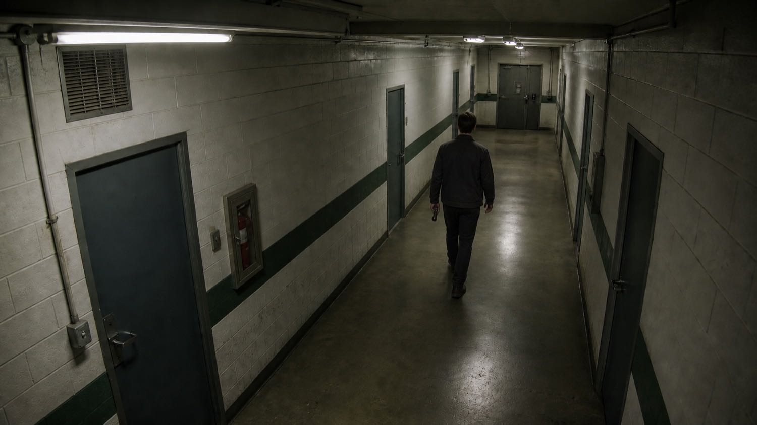 Elliot walking a dark corridor, caught on camera