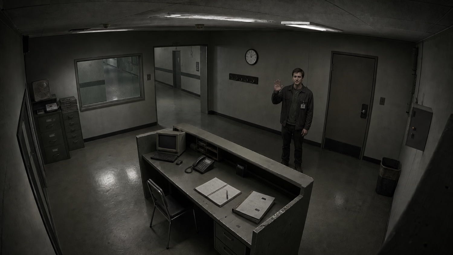 Security-camera view of Elliot standing in reception, waving up at the lens