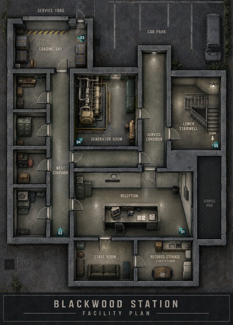 Top-down architectural plan of Blackwood Station showing reception, corridors, generator room, loading bay and stairwell, with camera positions marked